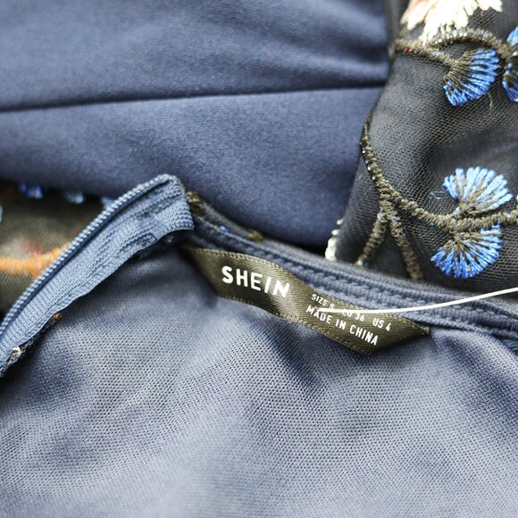 Navy Blue Embroidered Sheer Sleeve Chic Jumpsuit - Picture 3 of 5